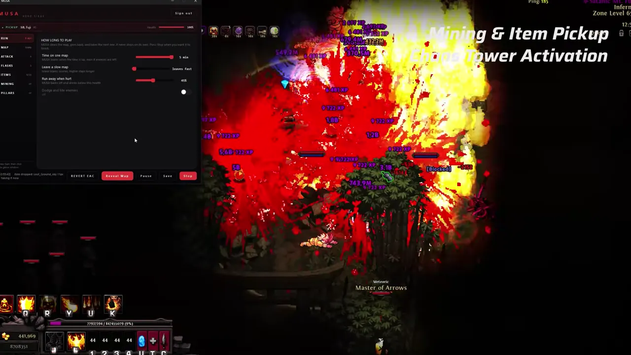 A Hero Siege character in the middle of a large fight in Chaos Tower with fire effects filling the screen