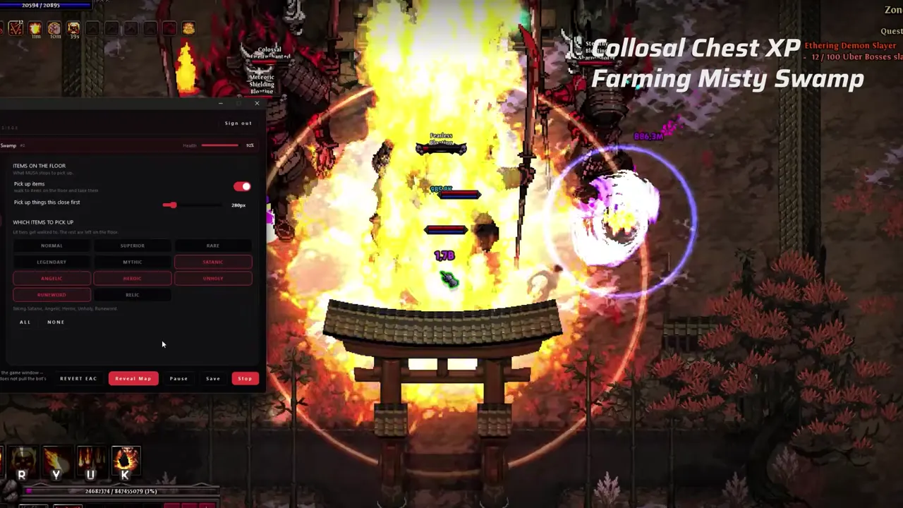 A Hero Siege character burning down a pack at the Colossal Chest in Misty Swamp while the MUSA launcher runs on the left