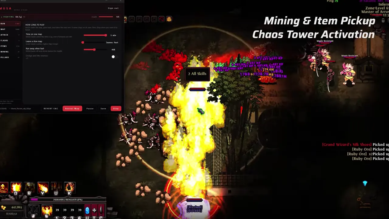 A Hero Siege character clearing a pack in Chaos Tower while the loot log on the right lists Ruby Ore pickups