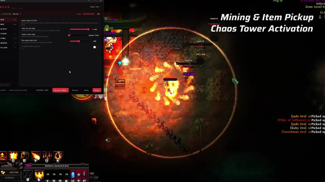 A Hero Siege fight in Chaos Tower with a loot log listing Jade Ore, Ruby Ore and Tarethium Ore pickups