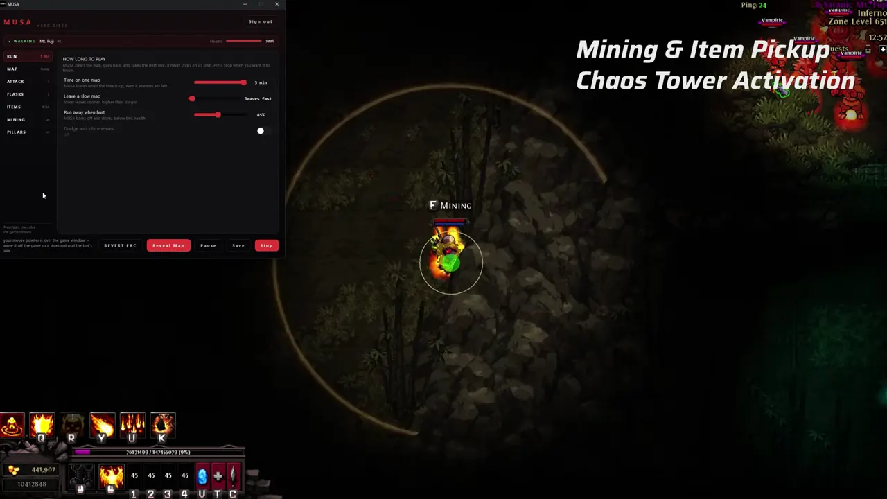 A Hero Siege character standing on an ore vein in a dark cave with the prompt F Mining above it